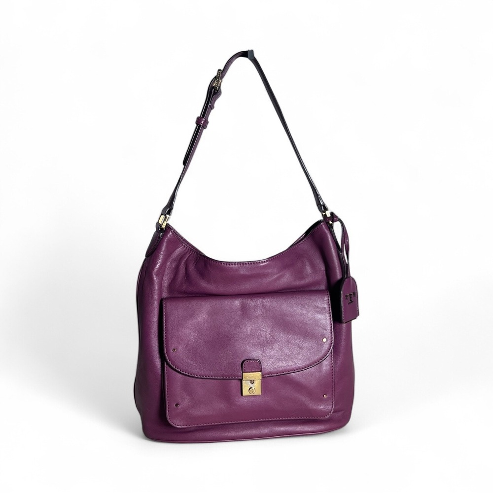Tory Burch Plum Leather Hobo Shoulder Bag with Gold Hardware